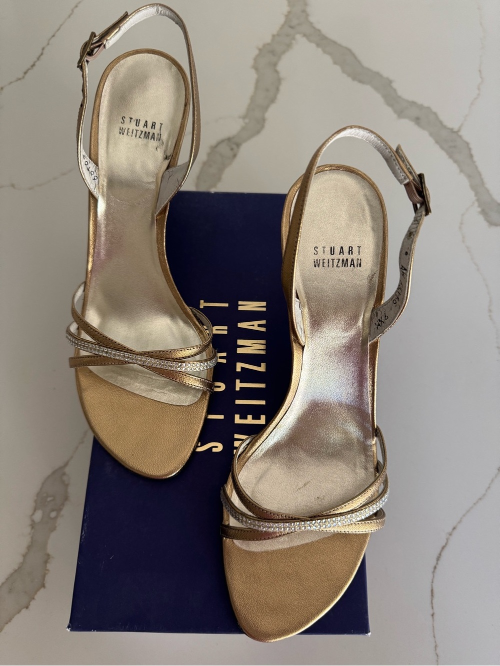 Stuart Weitzman Metallic Gold Strappy Slingback Heels